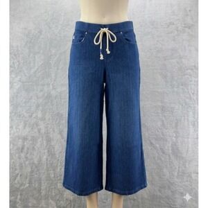 NWOT Belle by Kim Gravel Womens Blue Wide Leg Crop Size 8 Pull On Indigo Denim